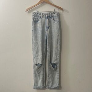 SHEIN Light Blue Distressed Straight Leg Jeans SIZE 24 US 2 SMALL Knee Holes